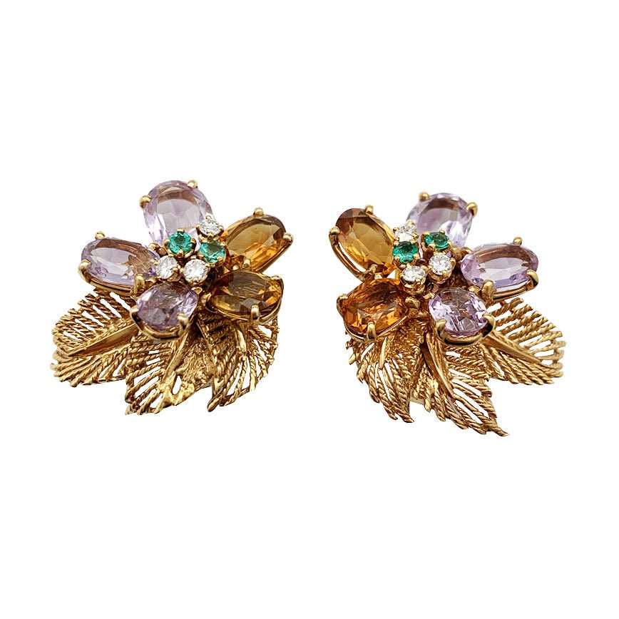 Boucles d'oreilles BOUCHERON "Fleur" or jaune et platine, pierres de couleur - Castafiore