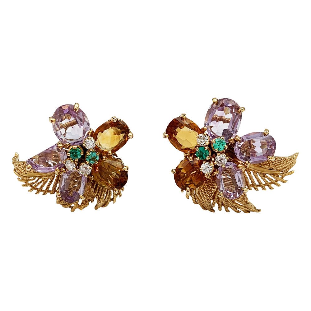 Boucles d'oreilles BOUCHERON "Fleur" or jaune et platine, pierres de couleur - Castafiore