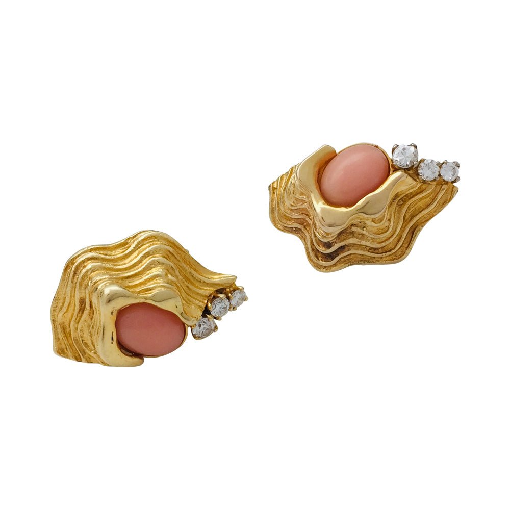 Boucles d'oreilles clips or jaune, corail et diamants - Castafiore