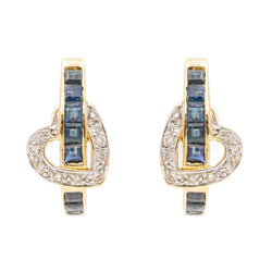 Boucles d'oreilles Créoles coeurs en or jaune, saphirs et diamants - Castafiore