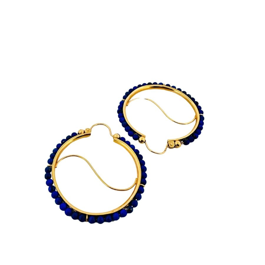 Boucles d'oreilles Créoles en or jaune et perles de lapis lazuli - Castafiore