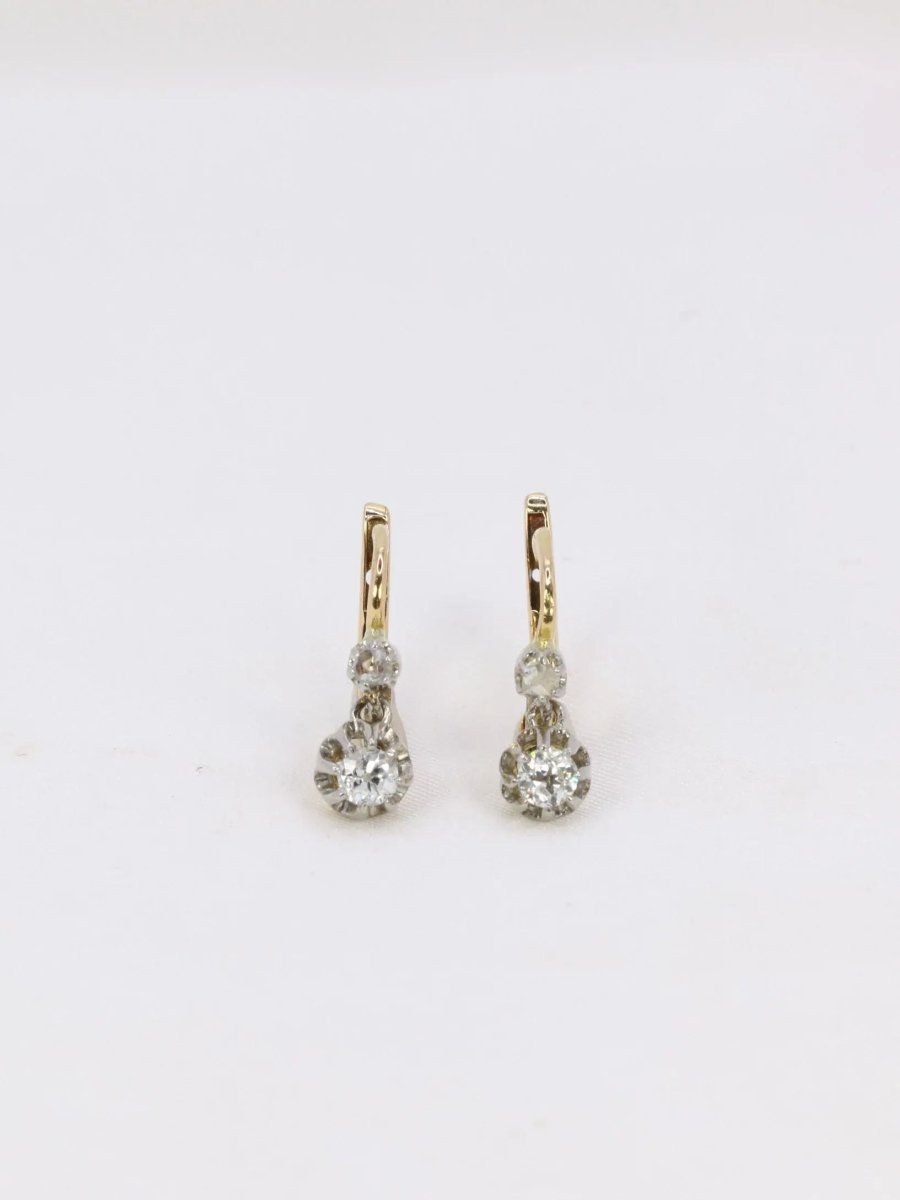 Boucles d’oreilles dormeuses anciennes en or, argent et diamants taille ancienne - Castafiore