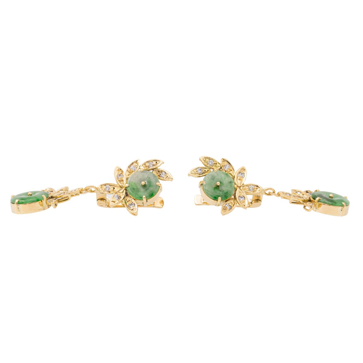 Boucles d'oreilles Dormeuses en or jaune, jade jadéite et diamants - Castafiore