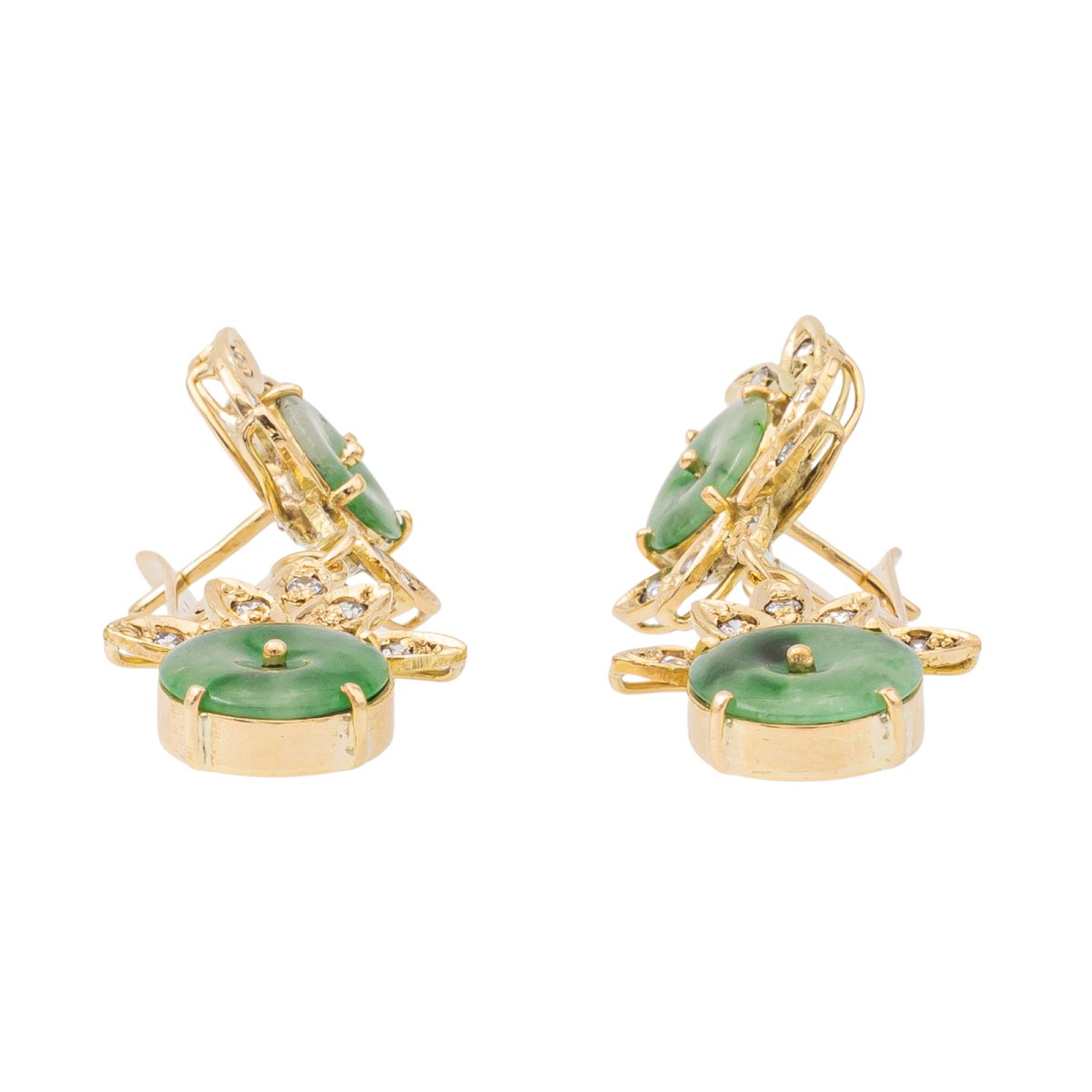 Boucles d'oreilles Dormeuses en or jaune, jade jadéite et diamants - Castafiore