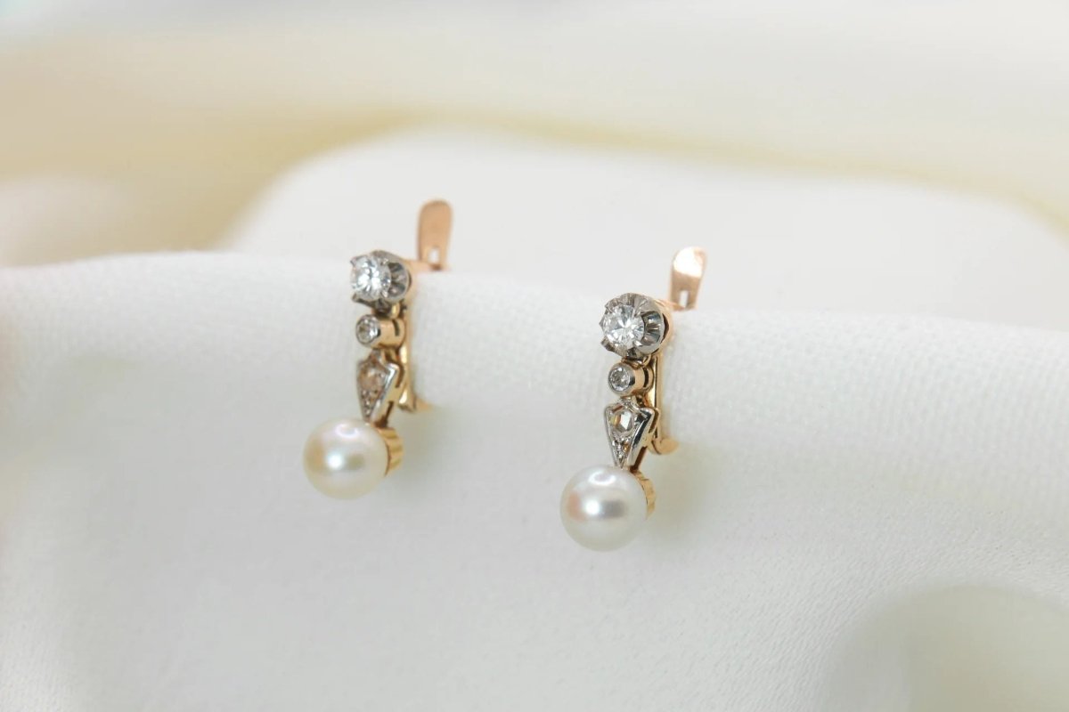 Boucles d'oreilles Dormeuses en Or, Perles et Diamants - Castafiore