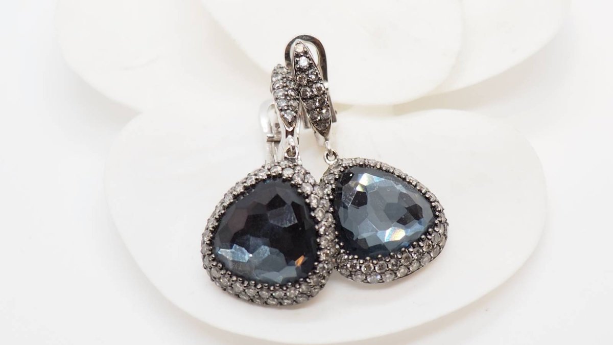 Boucles d'oreilles en or blanc, quartz et diamants - Castafiore