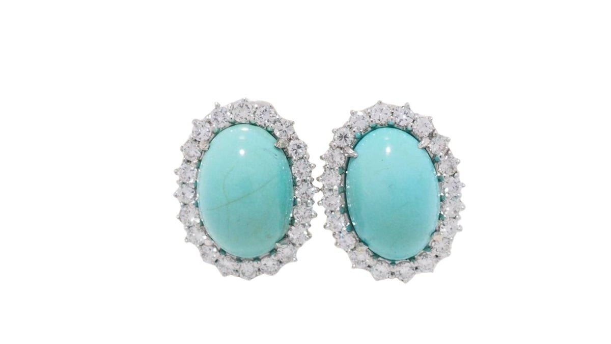 Boucles d'oreilles en or blanc, turquoise naturelle et diamants - Castafiore