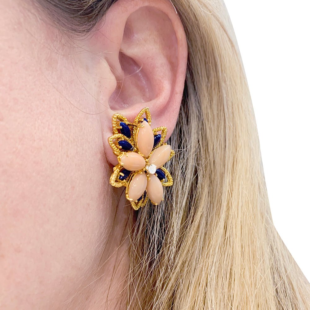 Boucles d'oreilles en or jaune, lapis lazuli, corail et diamants - Castafiore