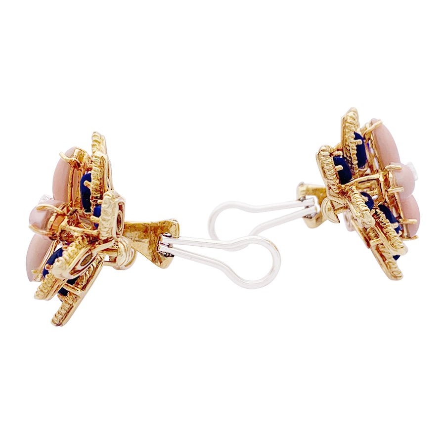 Boucles d'oreilles en or jaune, lapis lazuli, corail et diamants - Castafiore