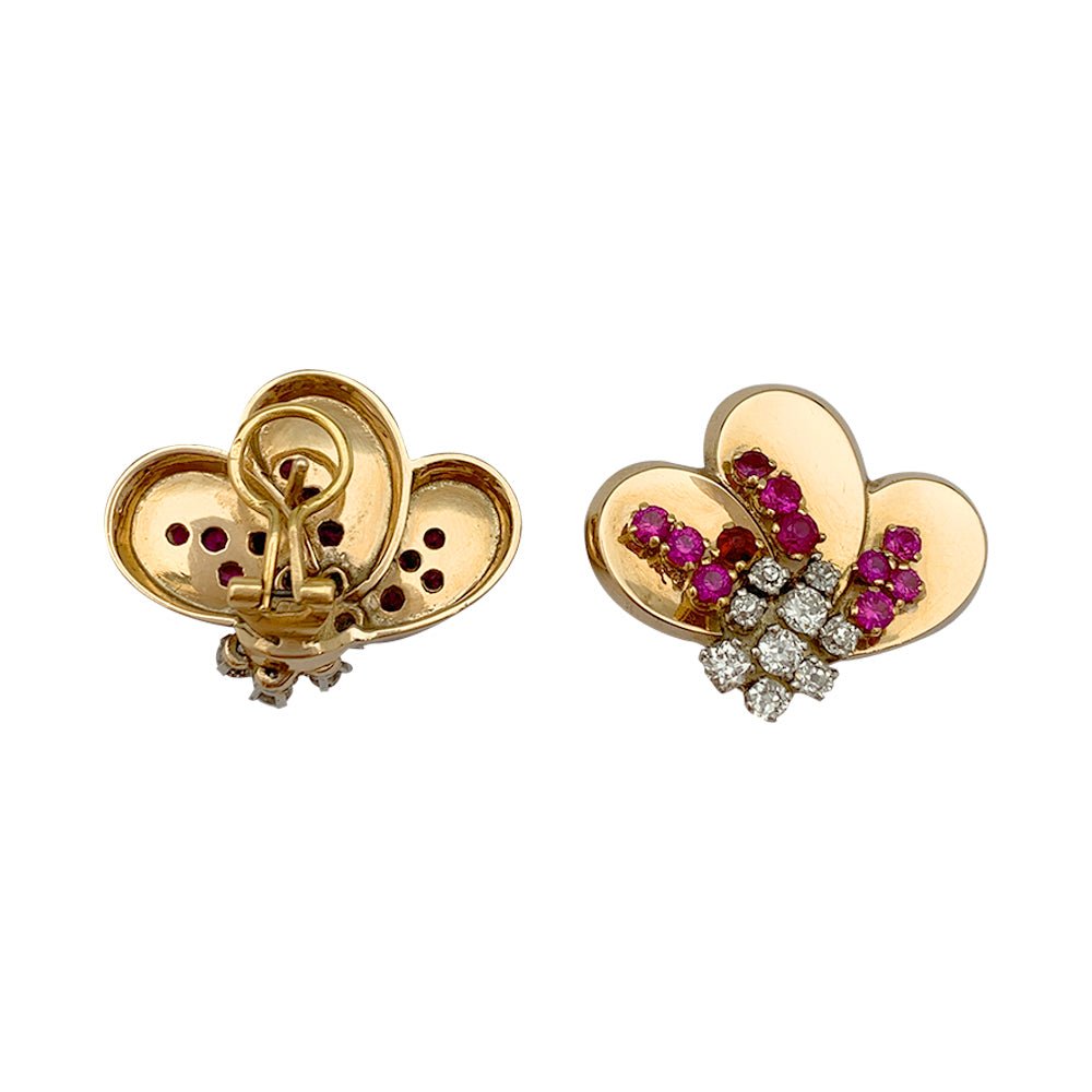 Boucles d'oreilles en or rose des années 1940 pierres rouges, brillants - Castafiore