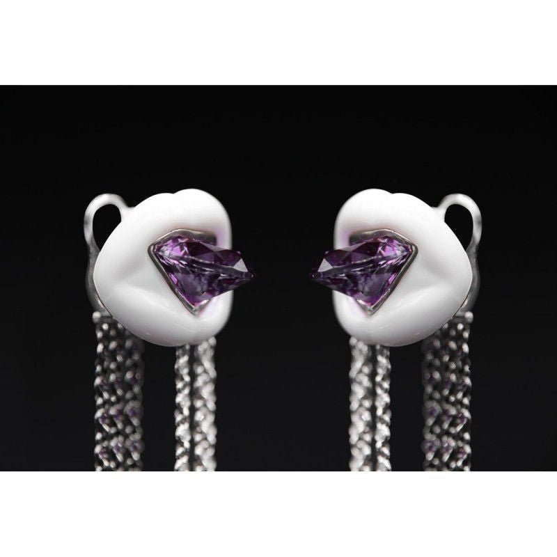 Boucles d'oreilles Lydia Courteille céramique blanche or blanc diamants améthyste - Castafiore