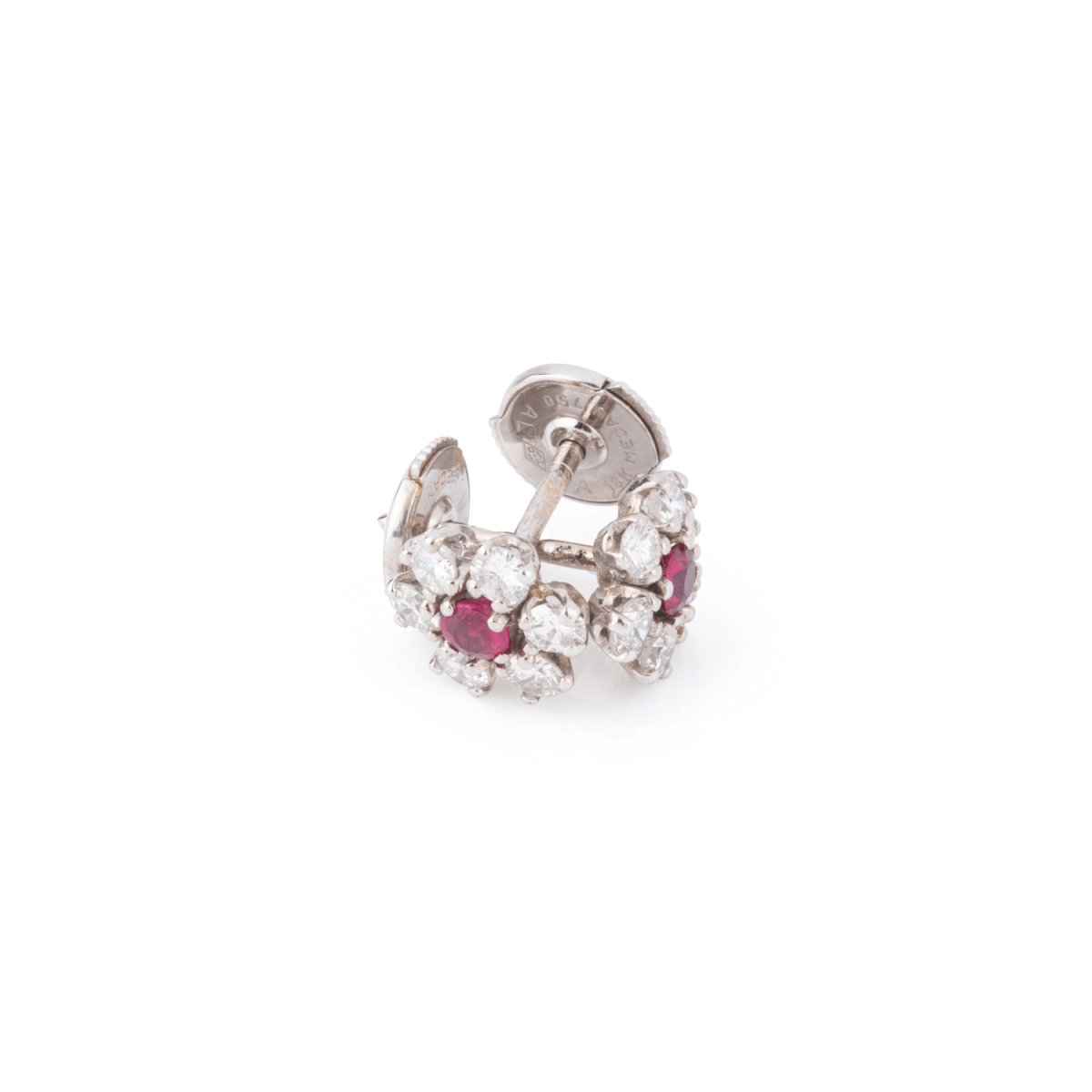 Boucles d'oreilles marguerite en or gris, diamants et rubis - Castafiore