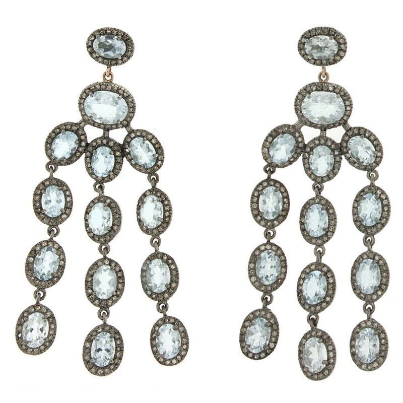 Boucles d'oreilles or gris aigue marine et diamants - Castafiore