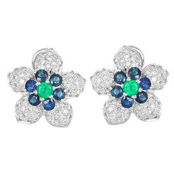 Boucles d'oreilles Or Gris, Saphir, Emeraude et Diamants - Castafiore