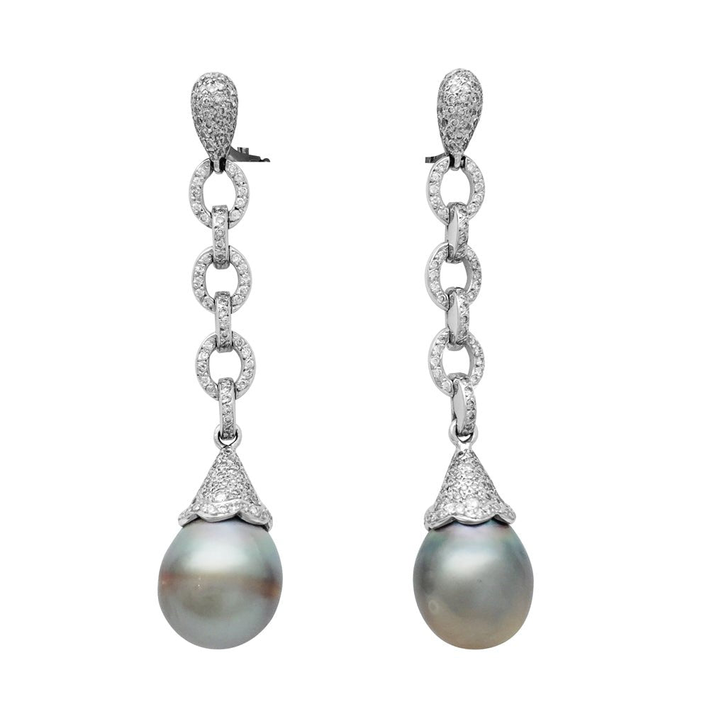 Boucles d'oreilles pendantes en or blanc, diamants et perles - Castafiore