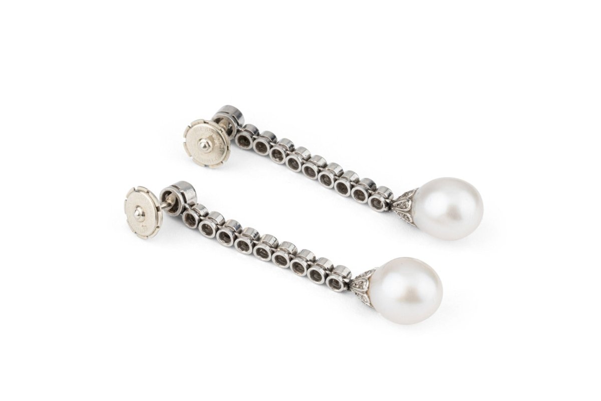 Boucles d'oreilles Pendantes en or blanc, perles et diamants - Castafiore