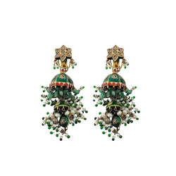 Boucles d'oreilles Pendantes en or jaune, émail vert et pierres dures - Castafiore