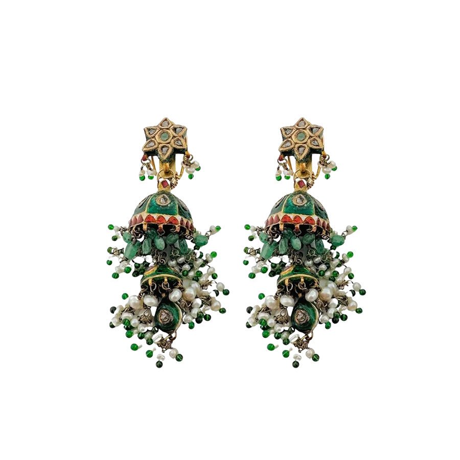 Boucles d'oreilles Pendantes en or jaune, émail vert et pierres dures - Castafiore
