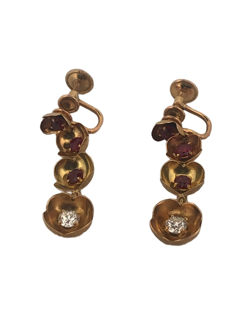 Boucles d'oreilles pendantes en or jaune, rubis et diamants - Castafiore