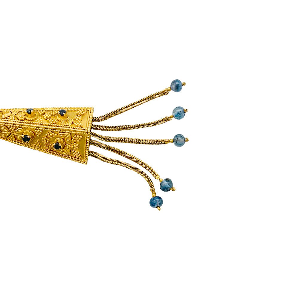 Boucles d'oreilles pendantes en or jaune, rubis et saphirs - Castafiore