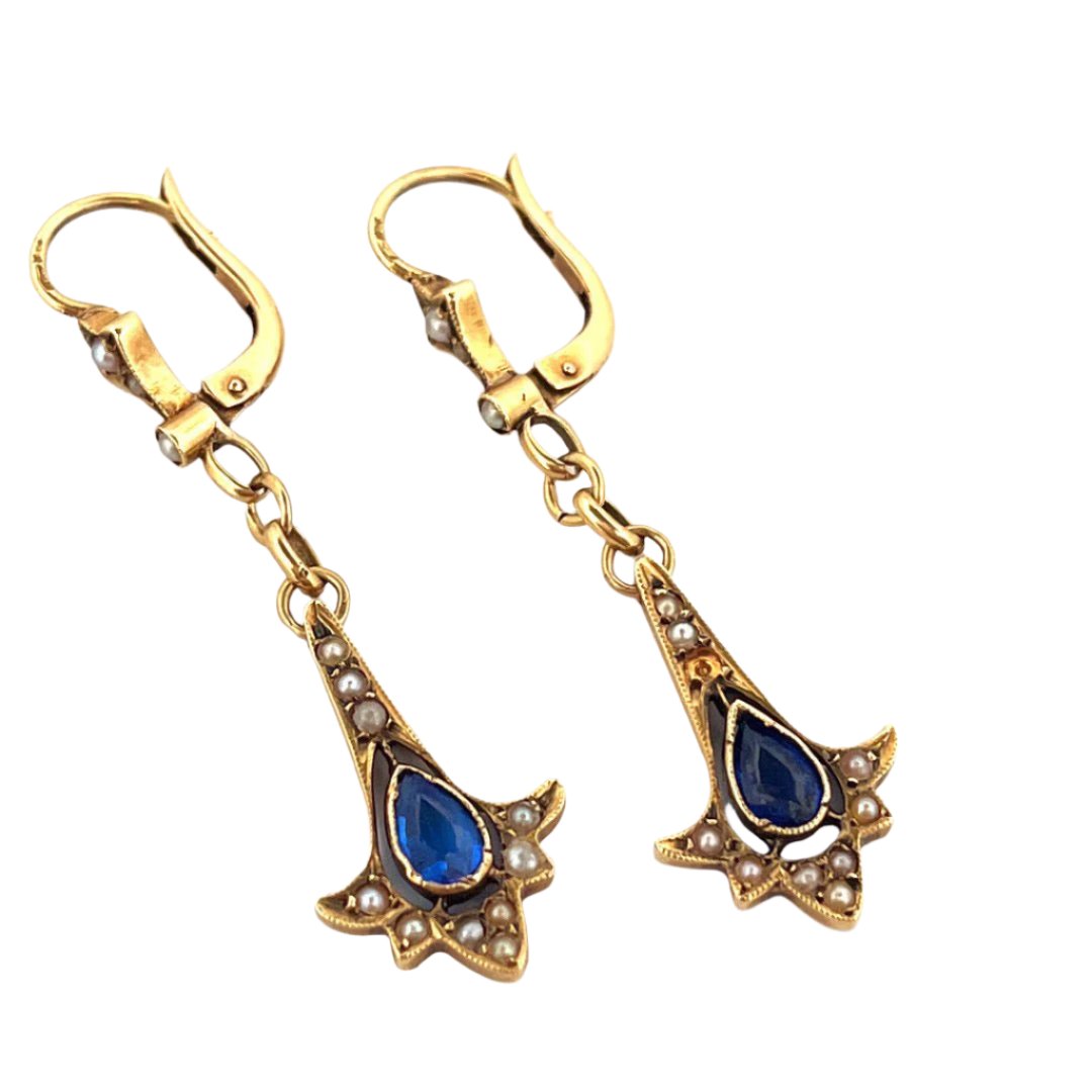 Boucles d'oreilles Pendantes en or jaune, saphir et perles - Castafiore