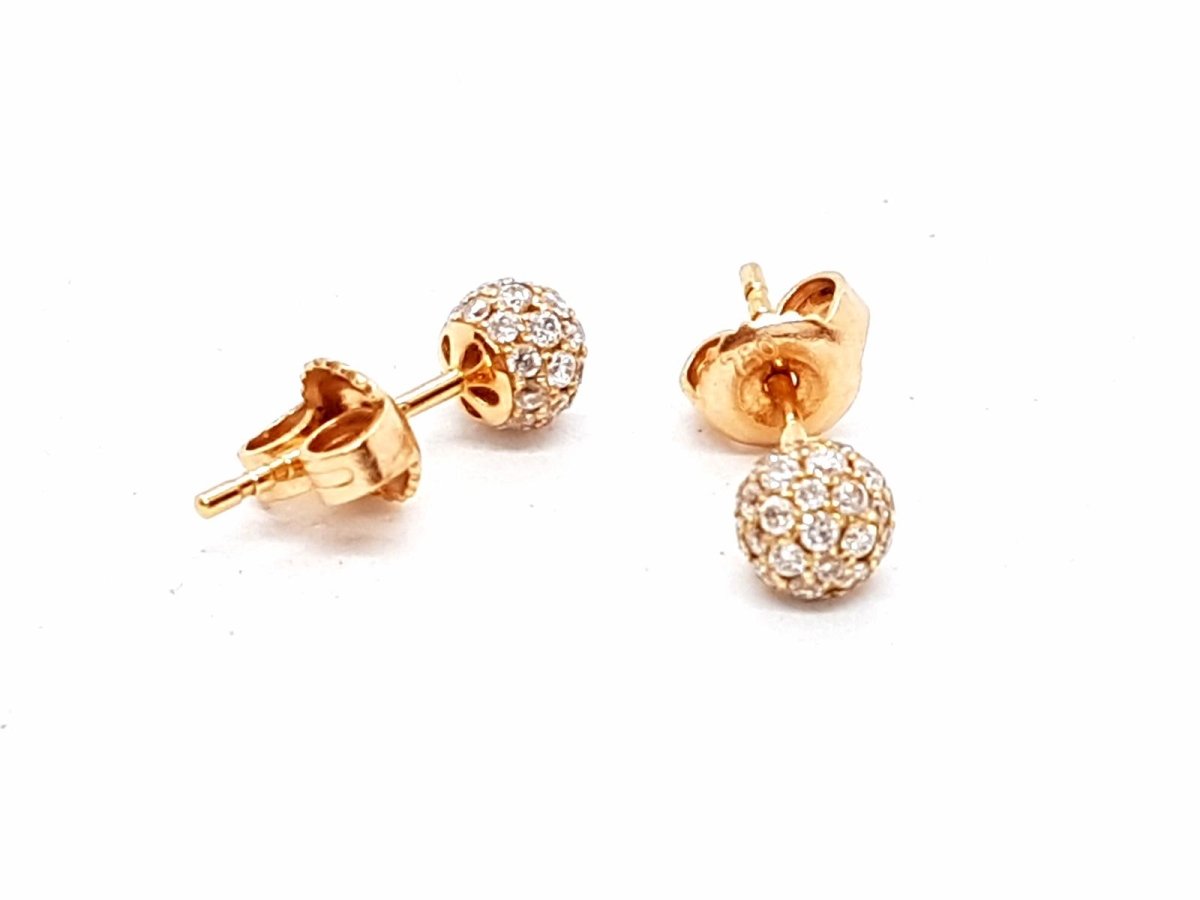 Boucles d'oreilles Puces boules pavées diamants en or rose - Castafiore