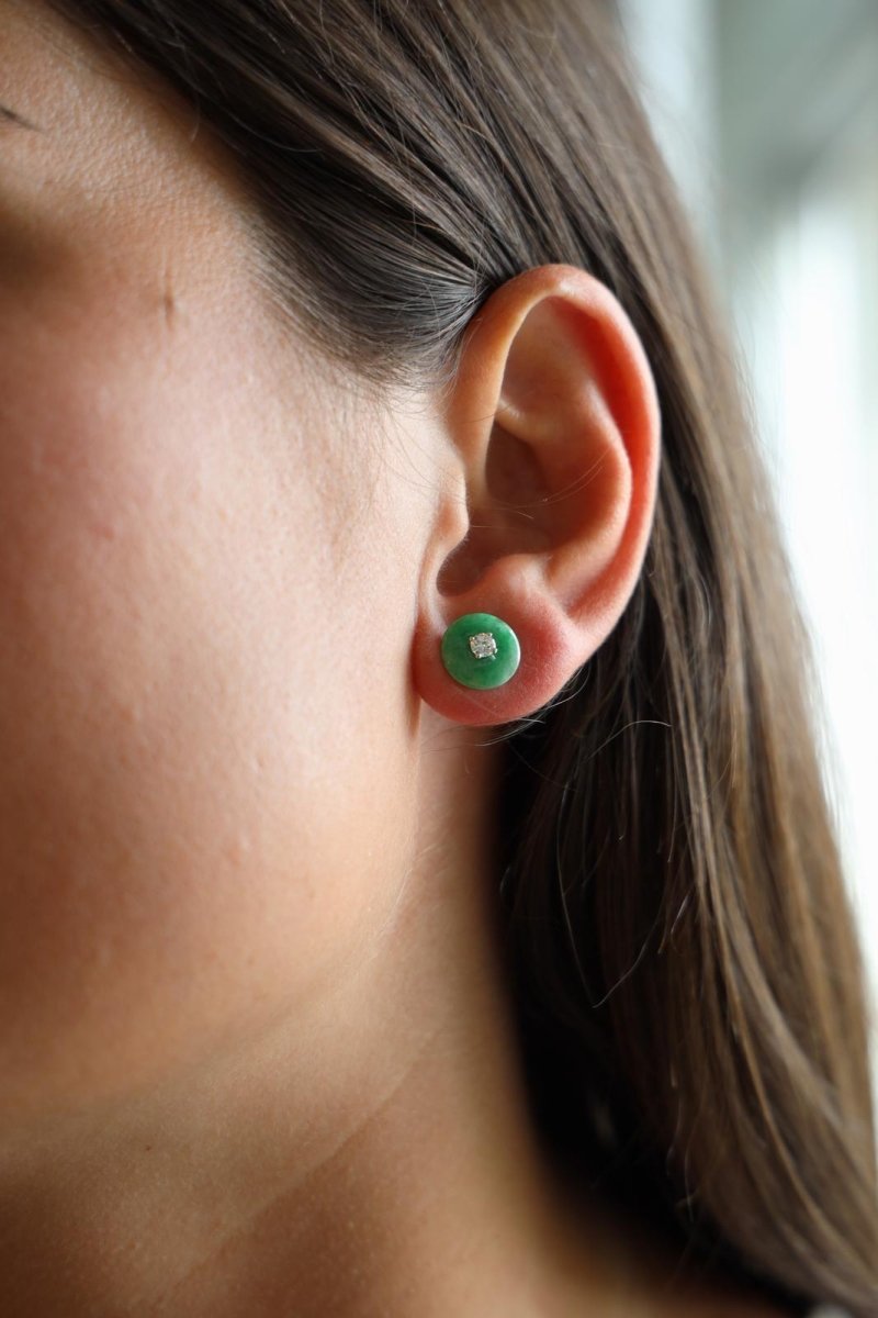 Boucles d'oreilles Puces en or blanc, jades jadéite et diamants - Castafiore