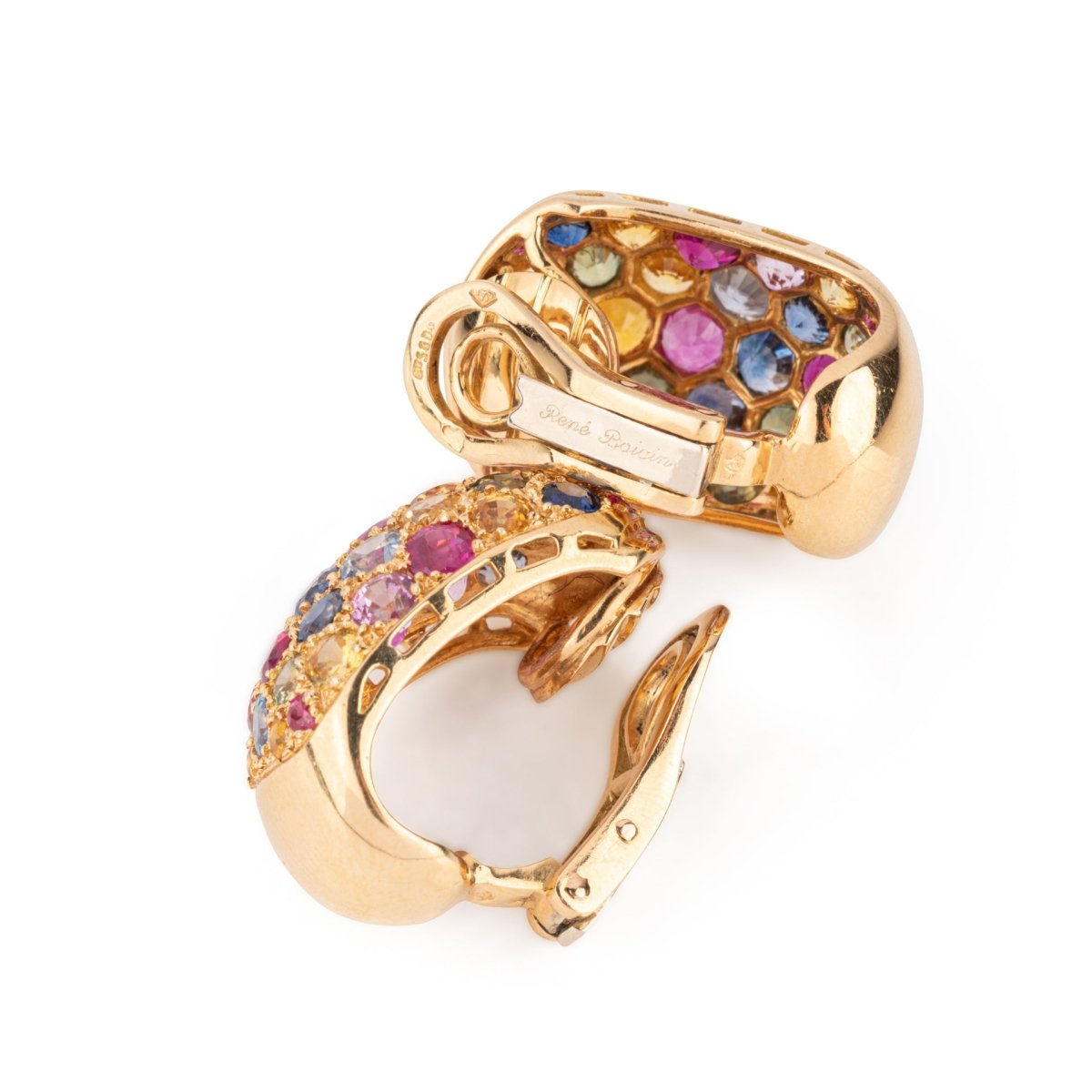 Boucles d'oreilles RENÉ BOIVIN en or jaune et saphirs de couleurs - Castafiore