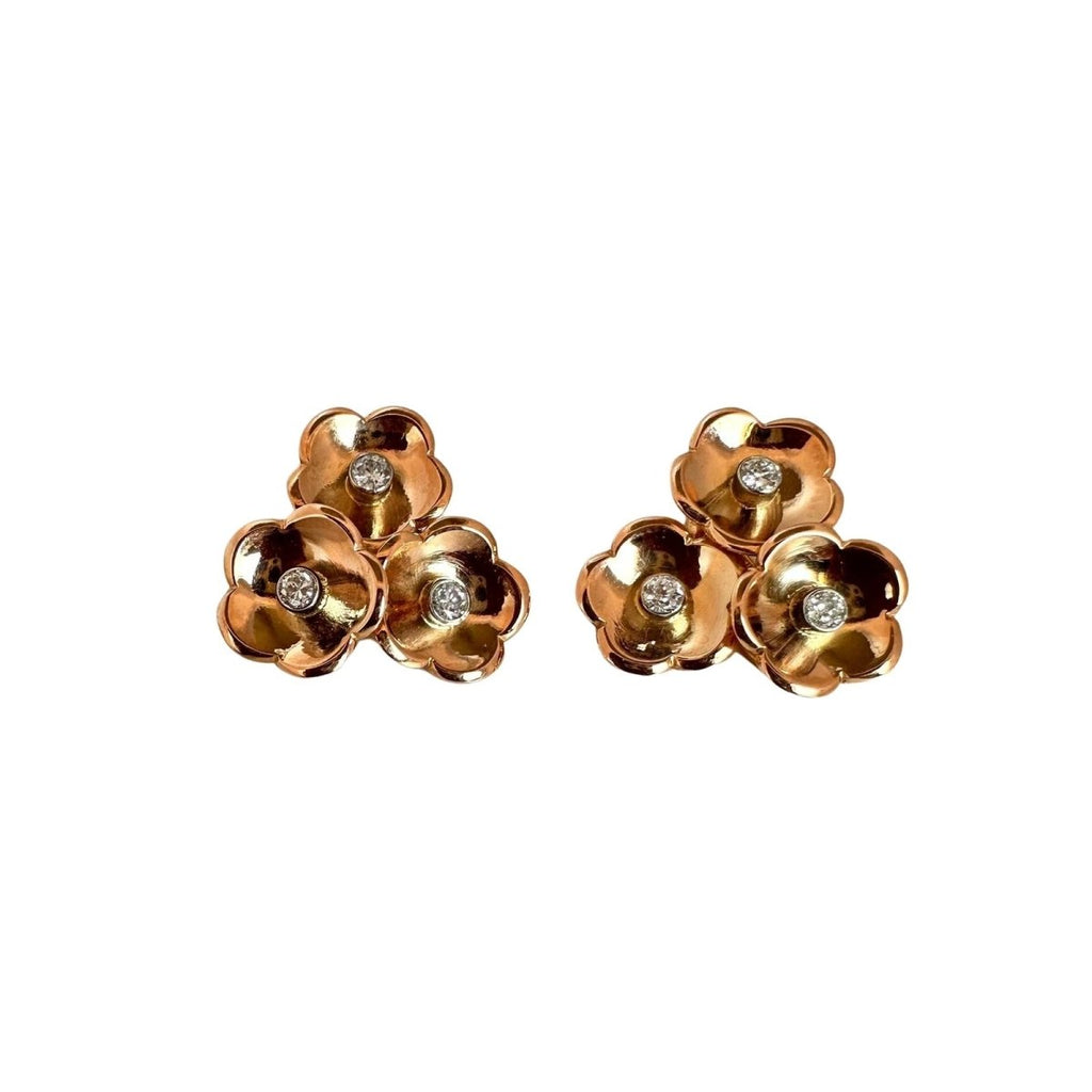 Boucles d'oreilles "trois fleurs" en or rose et diamants - Castafiore