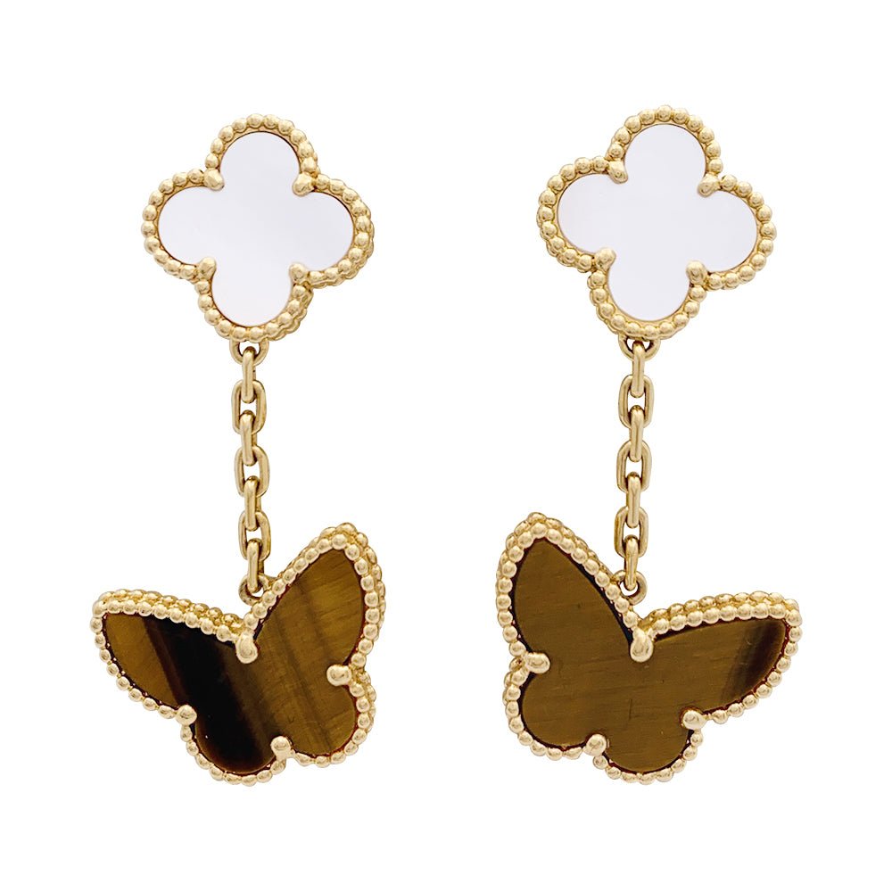 Boucles d'oreilles VAN CLEEF & ARPELS "Lucky Alhambra" or jaune, nacre blanche, oeil de tigre - Castafiore