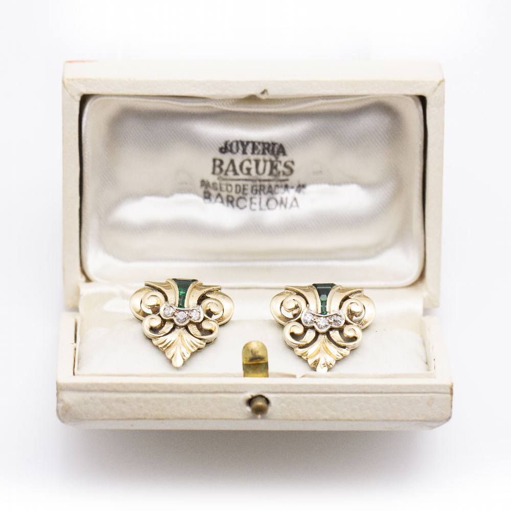 Boucles d'oreilles vintage avec émeraudes et diamants. Deuxième main - Castafiore