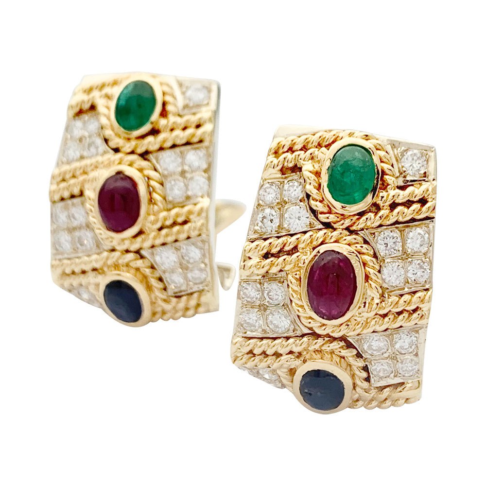 Boucles d'oreilles vintage, deux ors, pierres précieuses - Castafiore