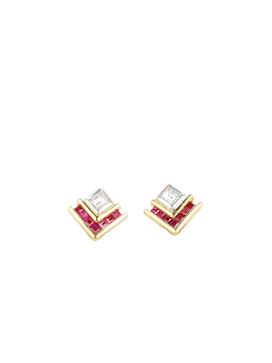 Boucles d’oreilles vintage diamants taille émeraude et rubis calibrés - Castafiore