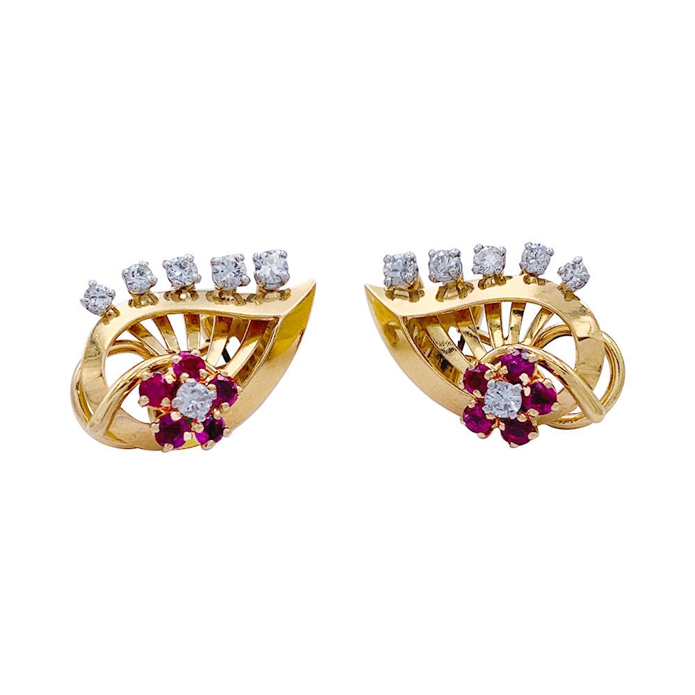 Boucles d'oreilles vintage, "Feuilles", or rose, diamants, rubis - Castafiore