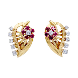 Boucles d'oreilles vintage, "Feuilles", or rose, diamants, rubis - Castafiore