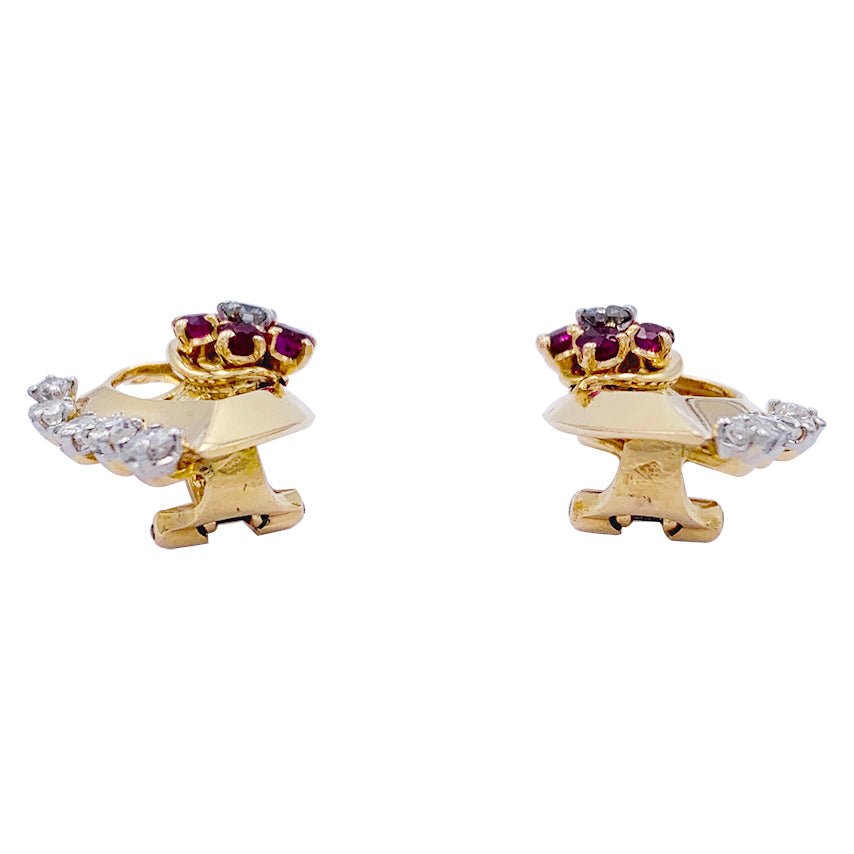 Boucles d'oreilles vintage, "Feuilles", or rose, diamants, rubis - Castafiore