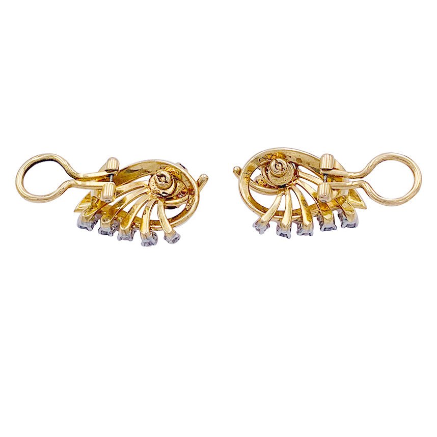 Boucles d'oreilles vintage, "Feuilles", or rose, diamants, rubis - Castafiore
