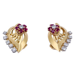 Boucles d'oreilles vintage, "Feuilles", or rose, diamants, rubis - Castafiore