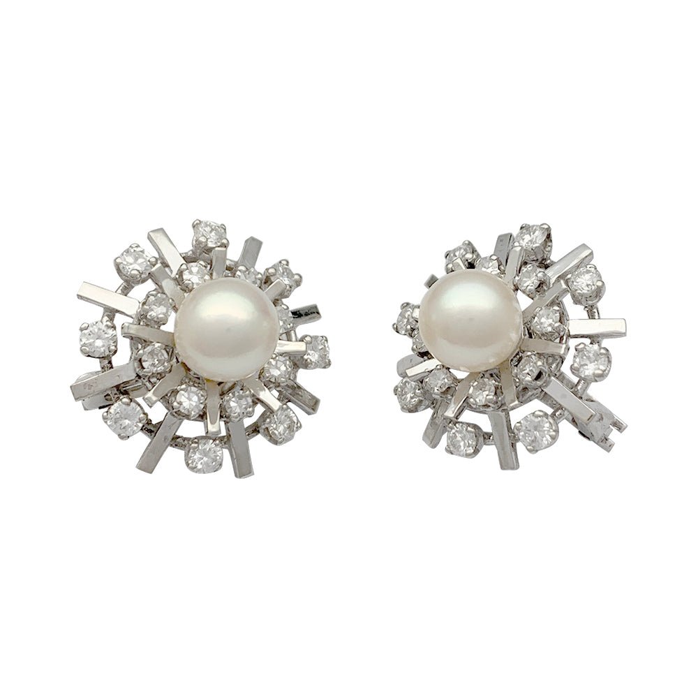 Boucles d'oreilles vintage or blanc, diamants, perles - Castafiore