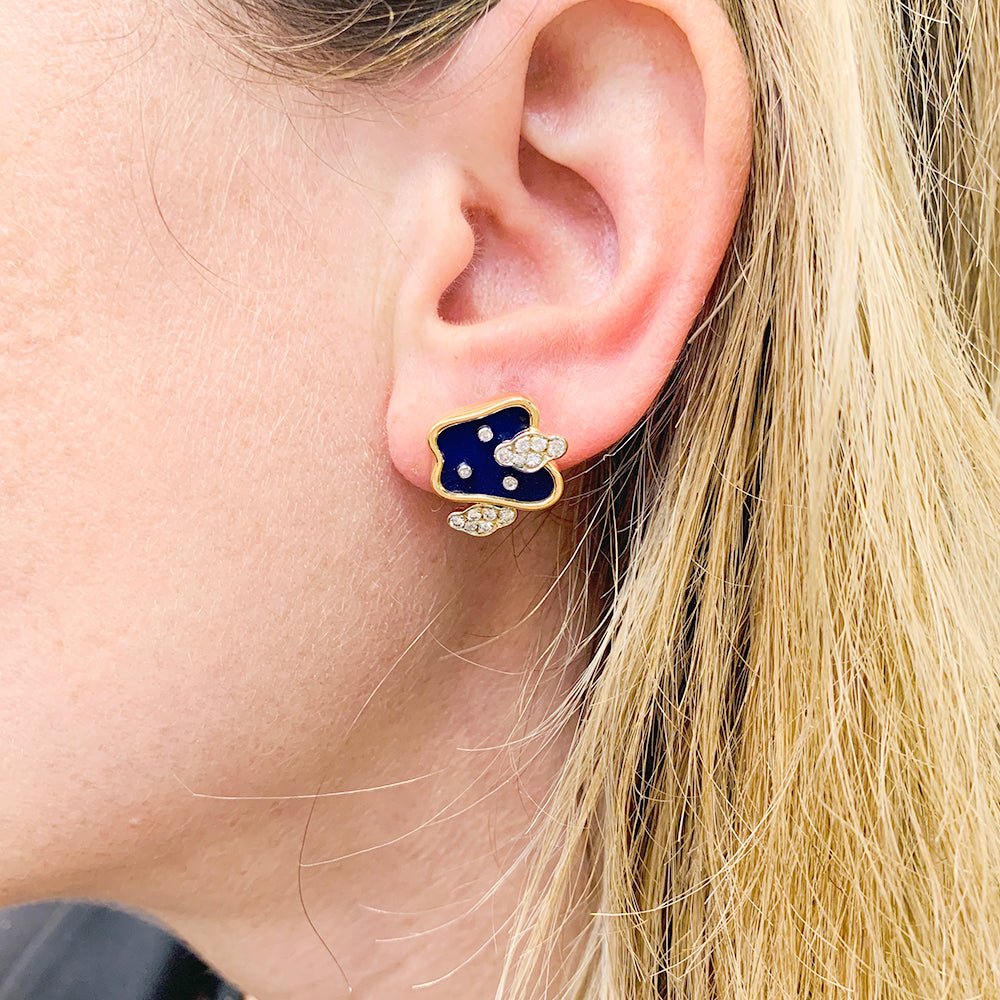 Boucles d'oreilles vintage, or jaune, lapis lazuli, diamants - Castafiore