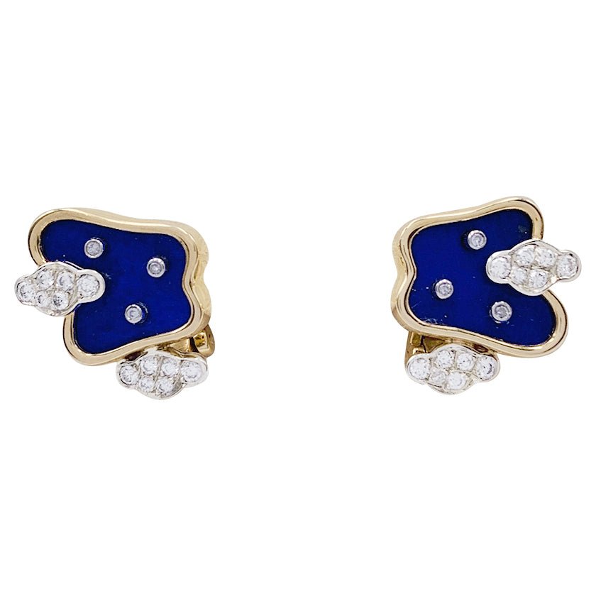 Boucles d'oreilles vintage, or jaune, lapis lazuli, diamants - Castafiore