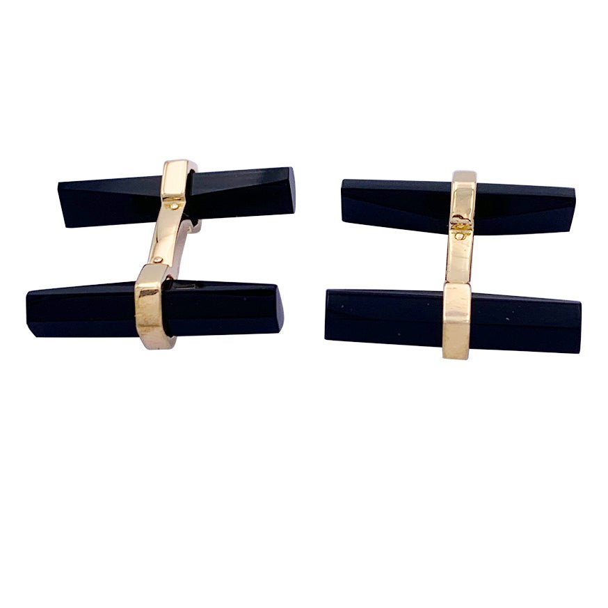 Boutons de manchette Cartier en or jaune, acier, onyx et aventurine - Castafiore