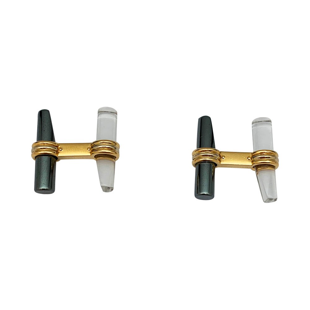 Boutons de manchette VAN CLEEF & ARPELS en or jaune, quartz et hématites - Castafiore