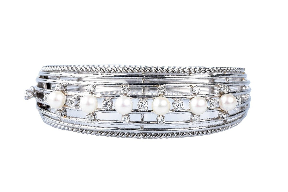 Bracelet demi-jonc perles diamants en or blanc 18 carats - Castafiore