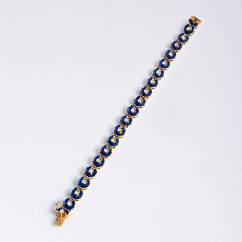 Bracelet en or jaune, émail bleu, sertie d'un diamant - Castafiore