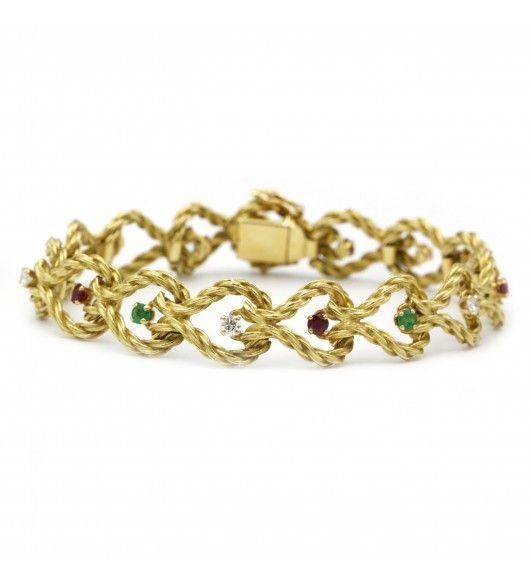 Bracelet en or jaune tressé, diamants, rubis et émeraudes - Castafiore