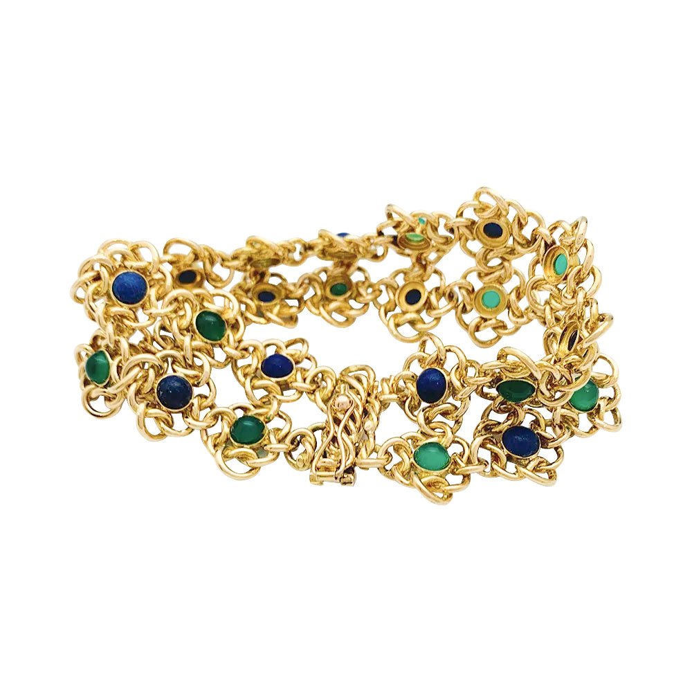 Bracelet fleurettes en or jaune, chrysoprases et lapis lazuli - Castafiore