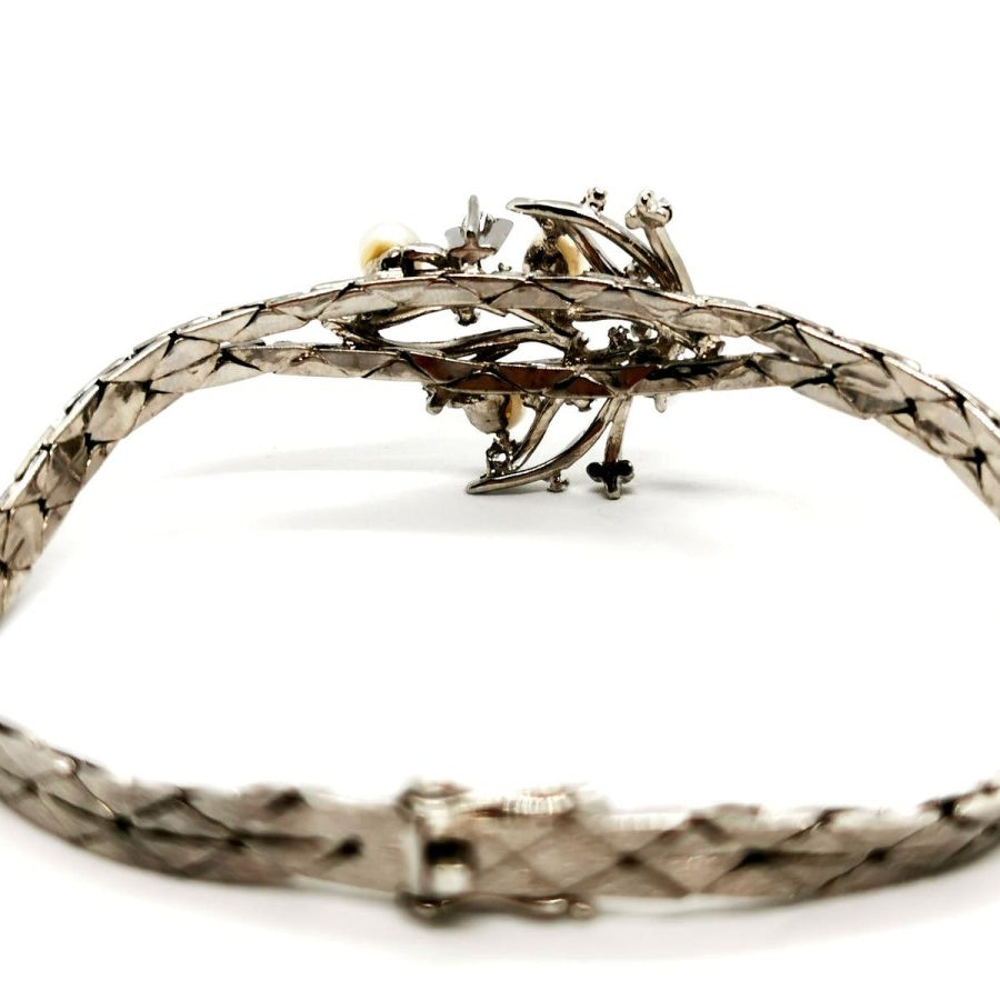 Bracelet géométrique motif feuillage en or blanc, perles et diamants - Castafiore