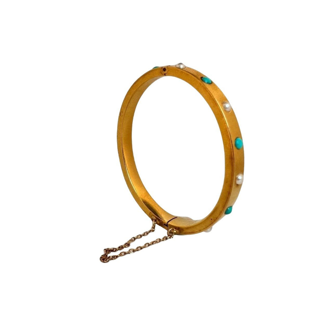 Bracelet Jonc en or jaune mat, avec cabochons de turquoises et perles - Castafiore