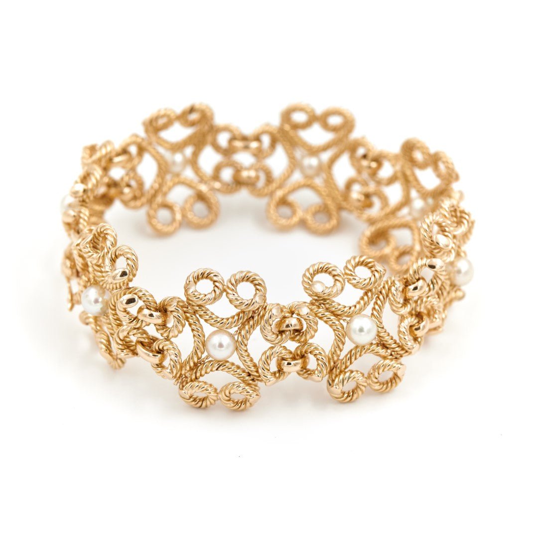 Bracelet Manchette fil torsadé en or jaune et perles - Castafiore